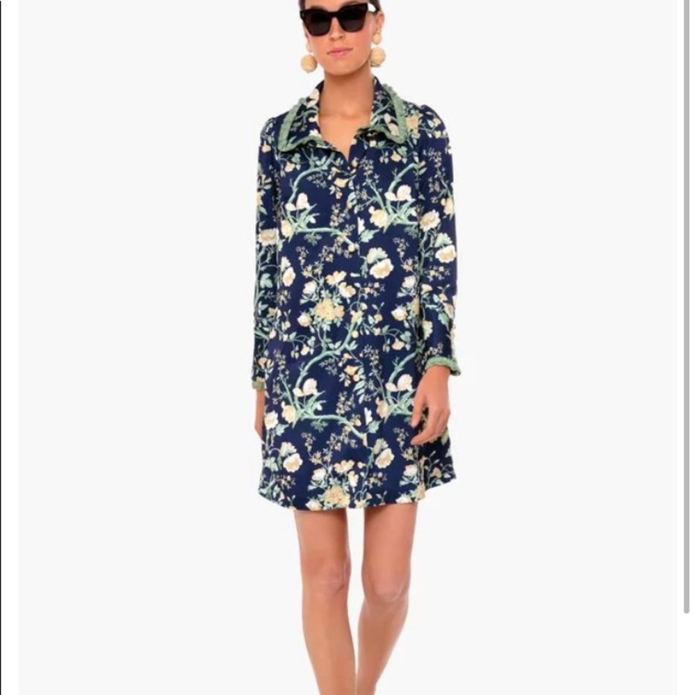 Tuckernuck Night Bloom Twiggy Dress With Green Trim And Gold Buttons - Picture 1 of 9